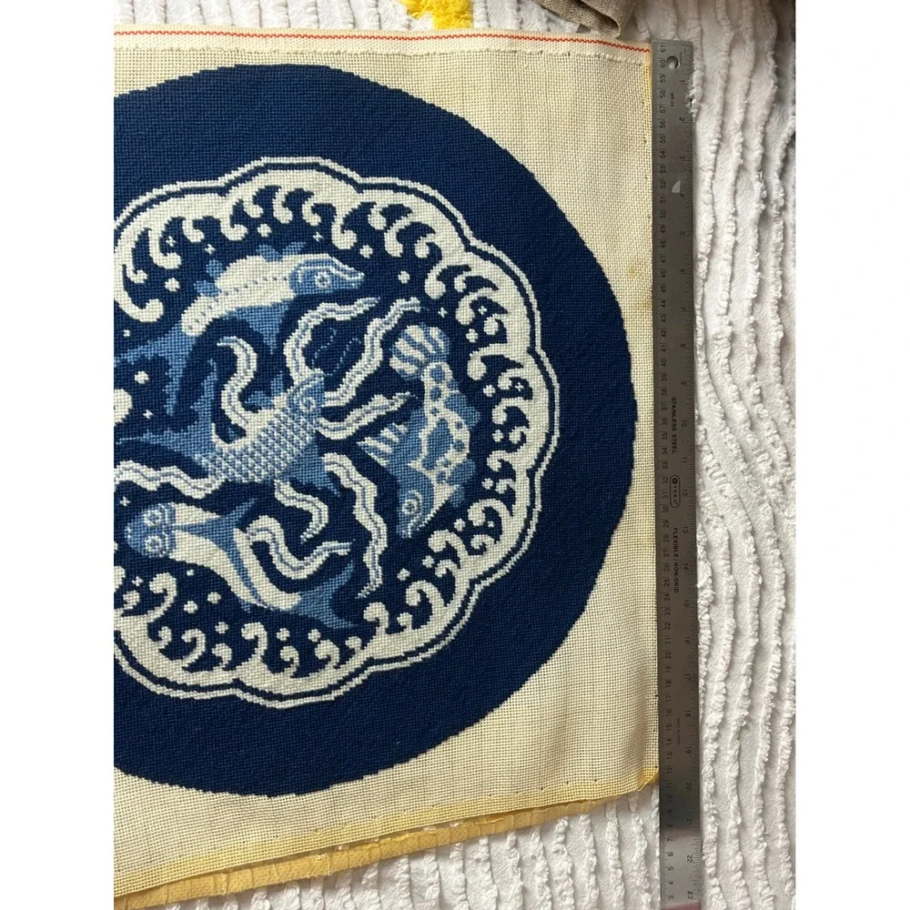 Vintage Hand Stitched Needlepoint Canvas Blue White Koi Fish Medallion